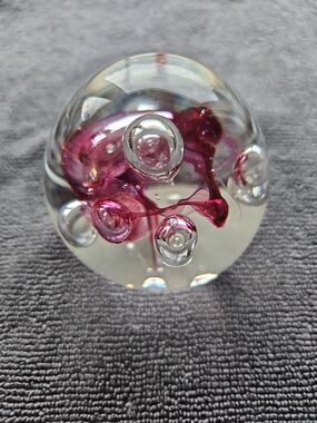 Rollin Karg Signed Hand-Blown Art Glass Paperweight -Magenta & Controlled Bubble
